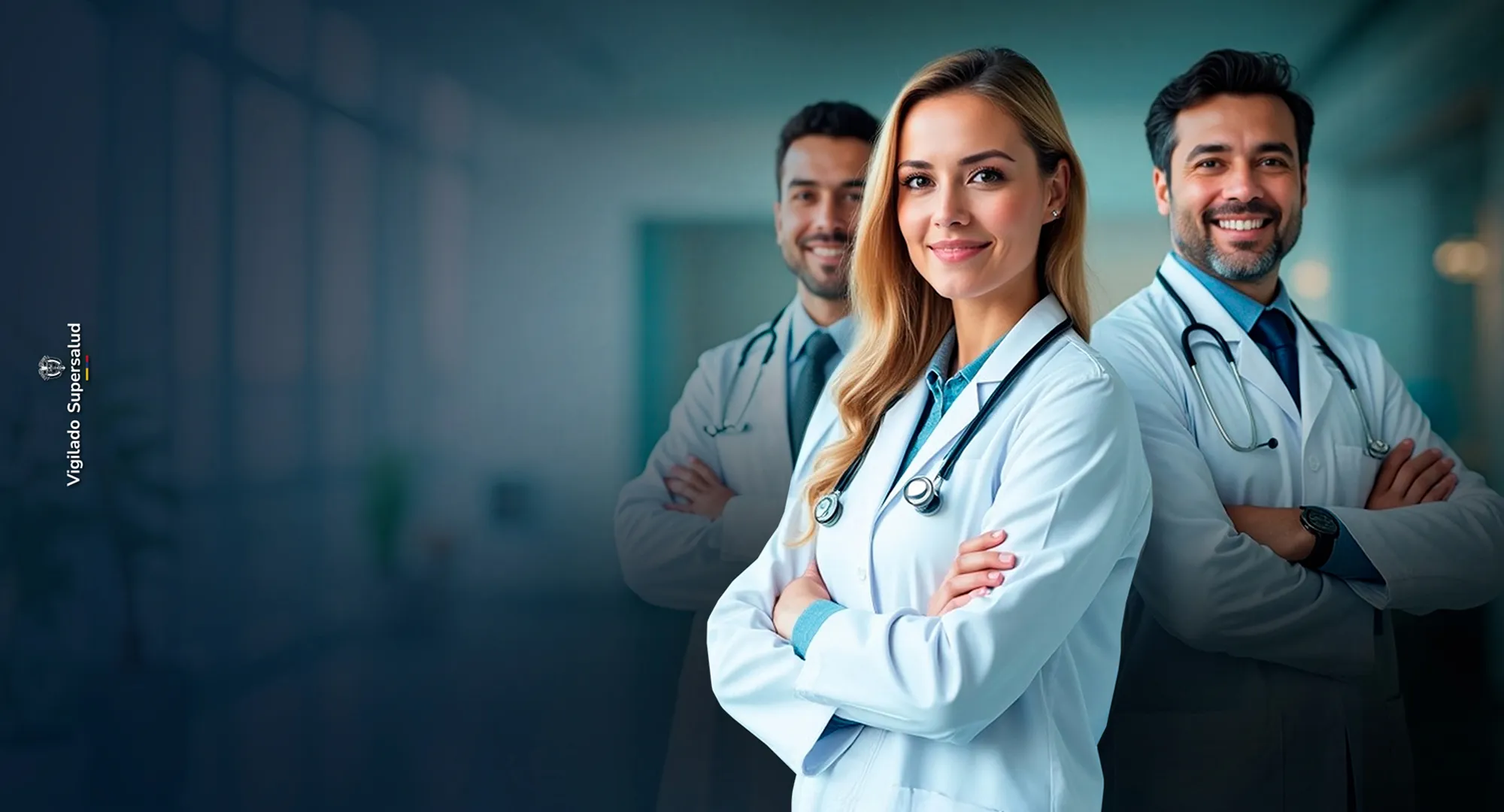 Grupo de doctores con bata blanca y sonriendo con los brazos cruzados