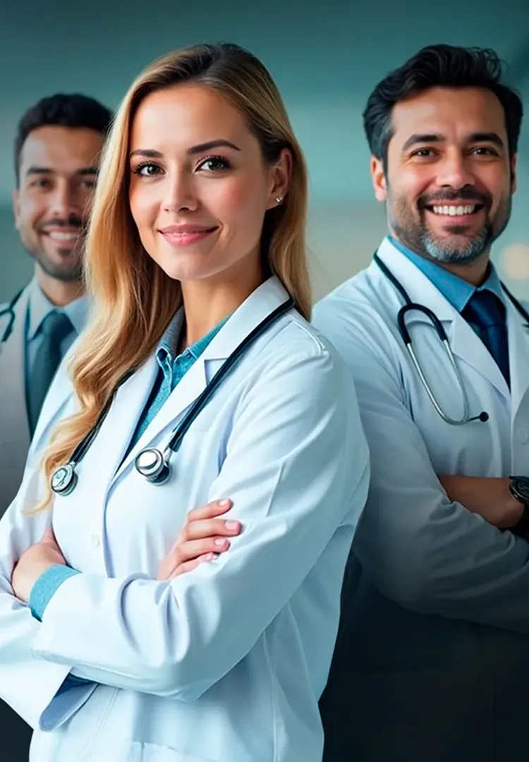 Grupo de doctores con bata blanca y sonriendo con los brazos cruzados